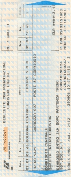 Biglietto treno Eurostar con prenotazione posto a sedere